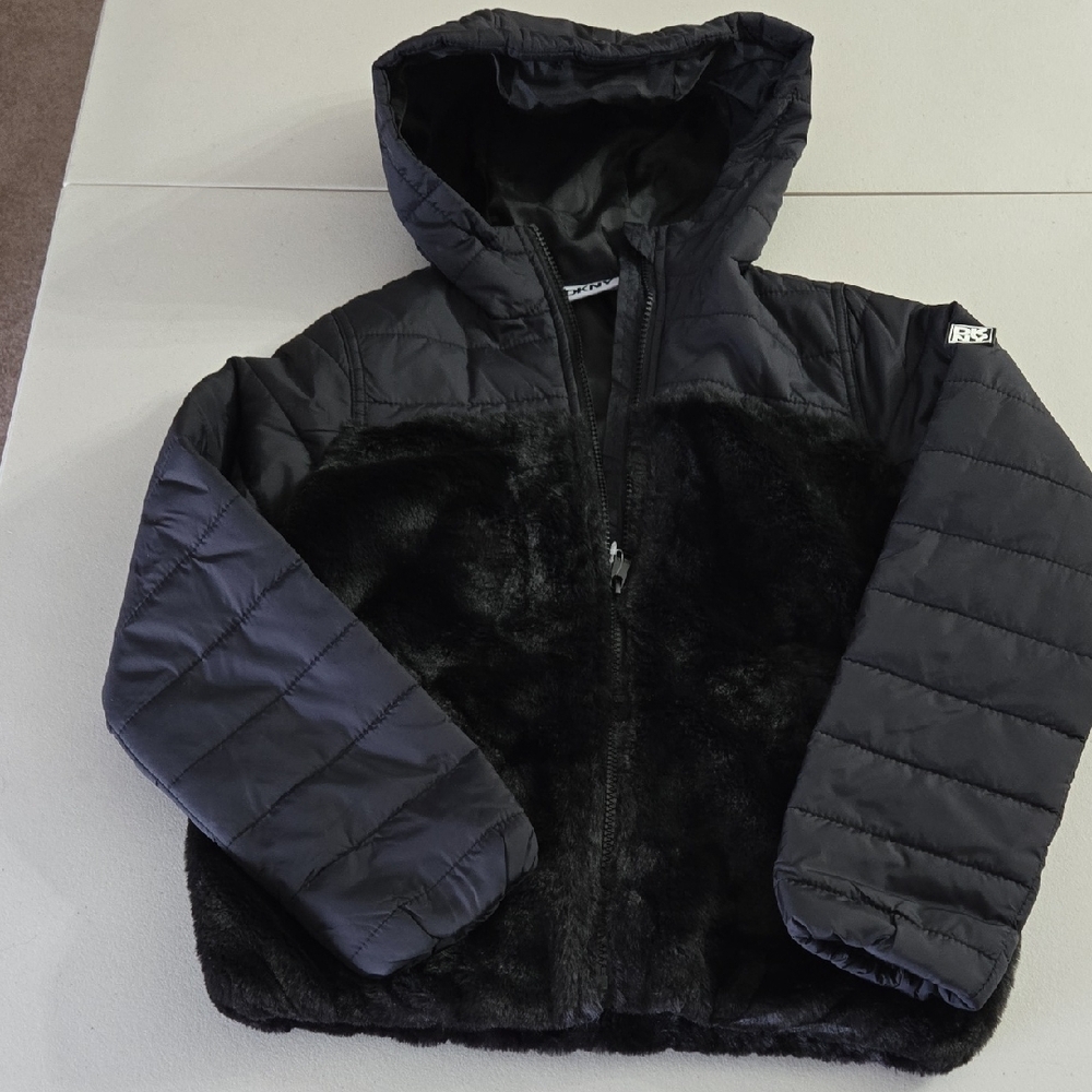 DKNY Kids Black Faux Fur Hooded Jacket, Size 7/8. NWT